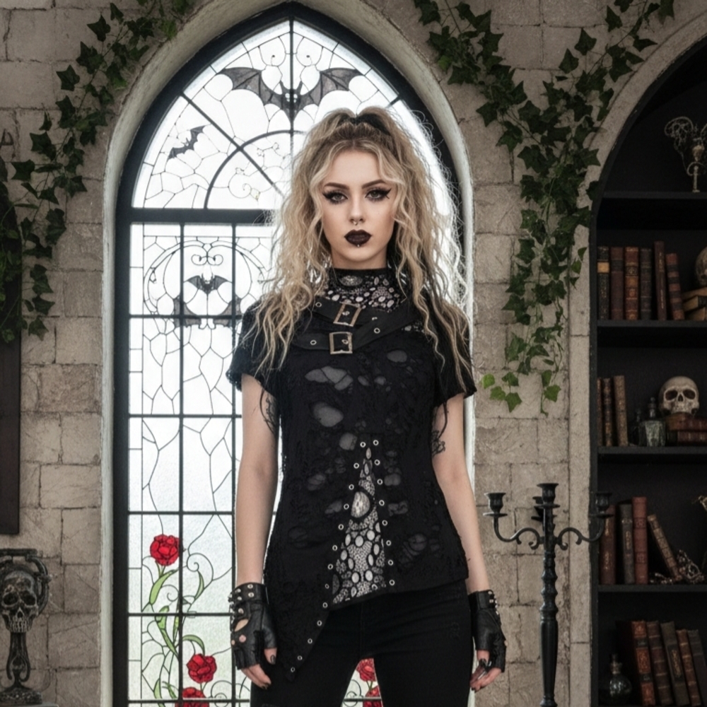 Black Gothic Lace-Panel Short Sleeve Top
